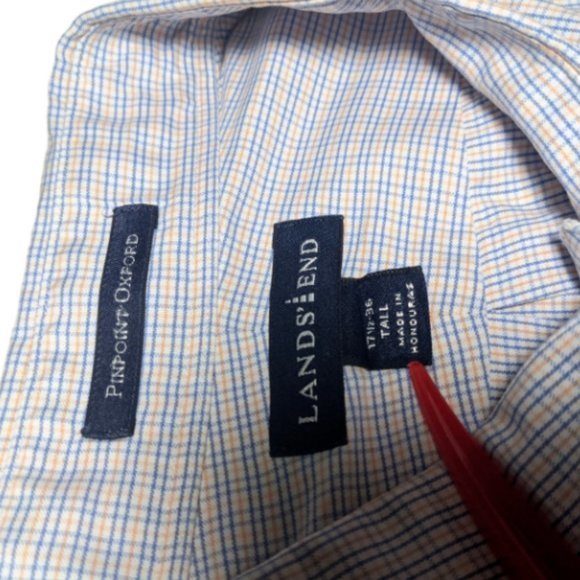 Lands End‎ Button Up Shirt Mens 17 Tall Long Sleeve Checkered Pinpoint Oxford - Picture 2 of 3